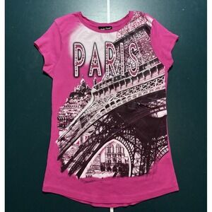 Vintage Y2K Eiffel Tower Rhinestones T-Shirt Top Women's Size‎ 4 Pink Black Glam